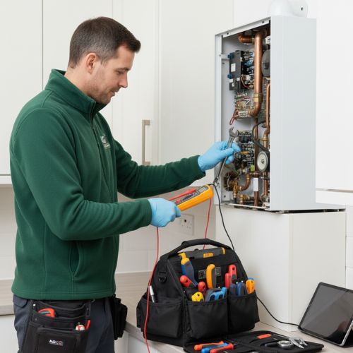 KG Heating Services engineer in branded van in London